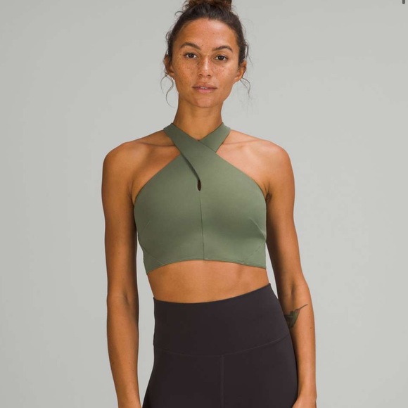 Lululemon nulu align front wrap halter 4 crop top long line bra green twill - Picture 1 of 6